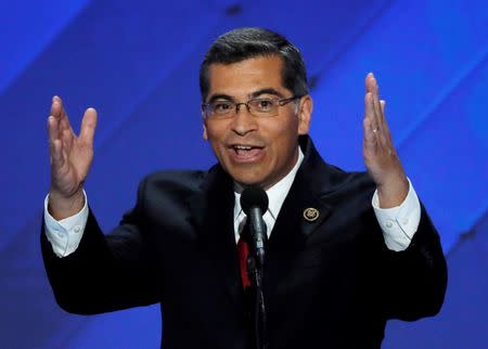 FILE PHOTO - U.S. Representative Xavier Becerra (D-CA) speaks on the final night of the Democratic National Convention in Philadelphia, Pennsylvania, U.S. in this July 28, 2016 file photo. REUTERS/Mike Segar/File Photo