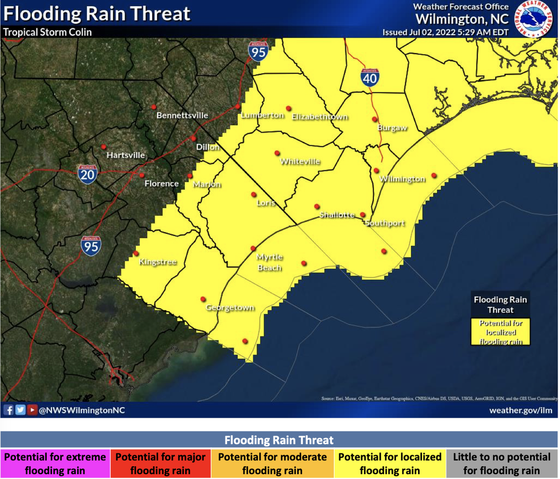 Tropical Storm Colin formed Saturday morning near Myrtle Beach and could cause flash flooding throughout the region and into coastal North Carolina.