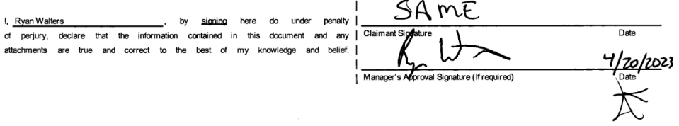 Pictured: A signature form on an expense report filed by State Superintendent Ryan Walters in April 2023 and obtained by News 4 shows Walters signed the form as both the expense claimant and approving manager. 