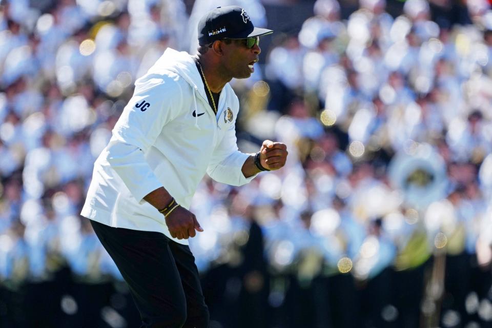 Colorado coach Deion Sanders reacts after a play during the win over Nebraska last week. His Buffaloes are off to a 2-0 start.