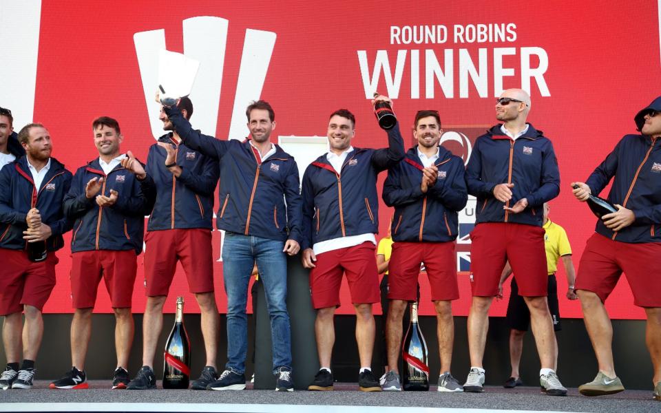 Ineos Team UK and skipper Ben Ainslie celebrate with the Christmas Cup following their result in the 2021 PRADA Cup Round Robins on Auckland Harbour on January 23, 2021 in Auckland, New Zealand - GETTY IMAGES