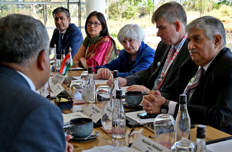 FILE PHOTO: US Treasury Secretary Yellen during her roundtable with India's technology leaders on outskirts of Bengaluru