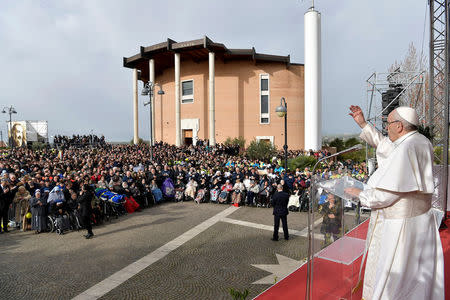 Pope Francis speaks to the faithful during his pastoral visit in Pietrelcina, Italy March 17, 2018. Osservatore Romano/Handout via REUTERS