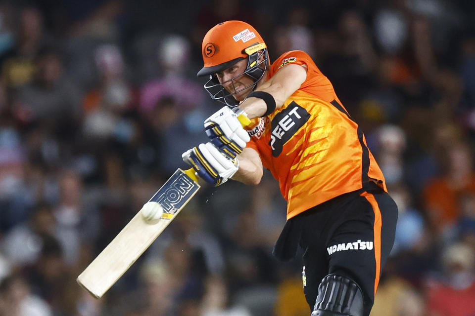 Seen here, Perth Scorchers batter Laurie Evans plays a shot in the Big Bash League final against the Sydney Sixers at Marvel Stadium in 2022. 