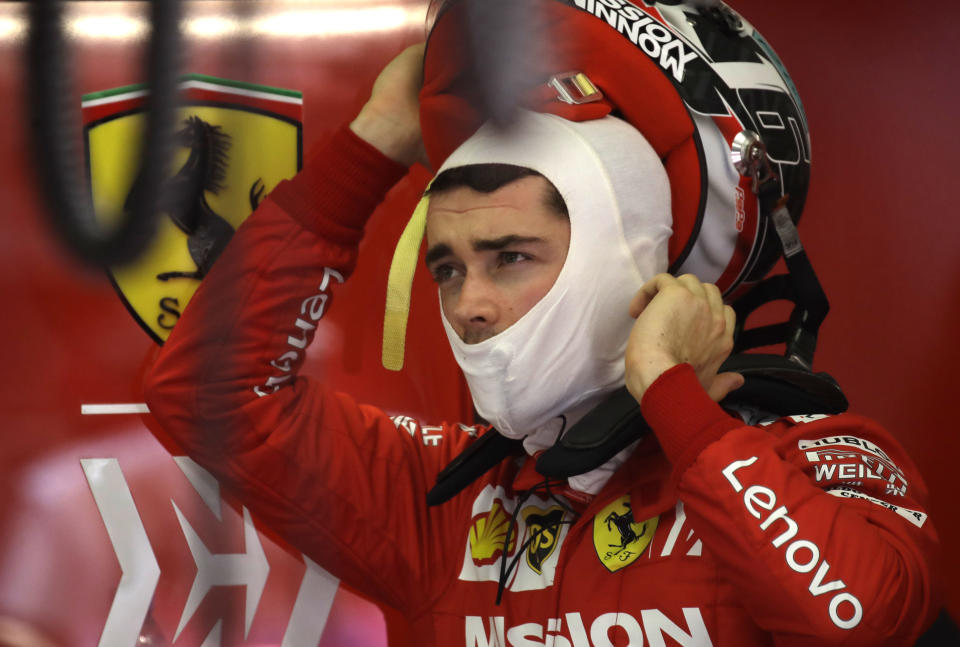 Ferrari driver Charles Leclerc of Monaco is in the pit during the third free practice at the Formula One Bahrain International Circuit in Sakhir, Bahrain, Saturday, March 30, 2019. The Bahrain Formula One Grand Prix will take place on Sunday. (AP Photo/Luca Bruno)