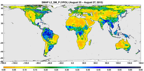 A three-day composite global map of surface soil moisture as measured by the radiometer instrument aboard NASA’s Soil Moisture Active Passive spacecraft (SMAP) between Aug. 25 and Aug. 27, 2015.