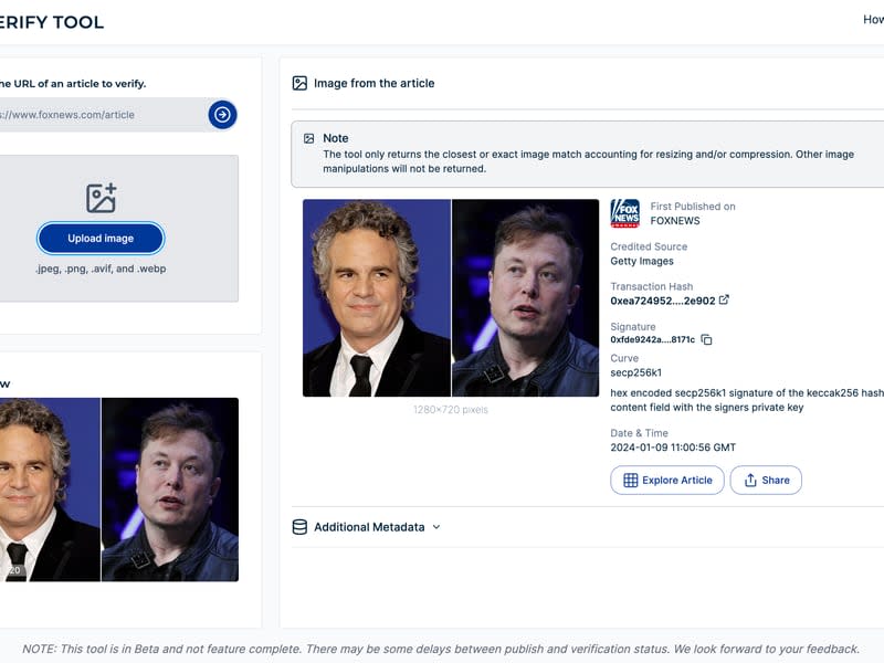 Verify authenticates the source of a Fox News image from an article about Elon Musk and deep fakes (verify.fox, modified by CoinDesk)