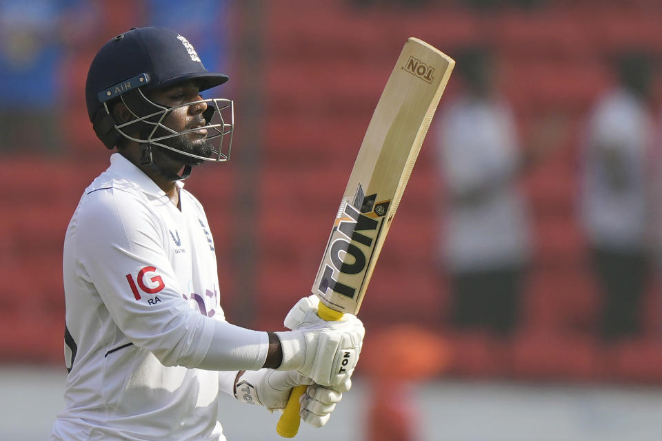 England's Rehan Ahmed reacts as he leaves the field after losing his wicket to India's Jasprit Bumrah on the fourth day of the first cricket test match between England and India in Hyderabad, India, Sunday, Jan. 28, 2024. (AP Photo/Mahesh Kumar A.)