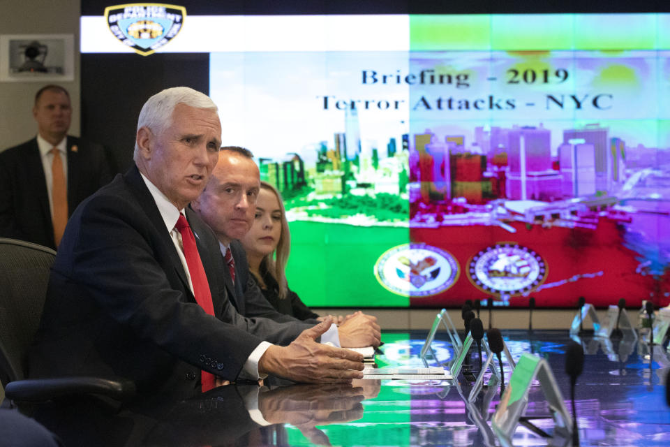 Vice President Mike Pence visits the New York Police Department headquarters, Thursday, Sept. 19, 2019 for a counterterrorism meeting. (AP Photo/Mark Lennihan)