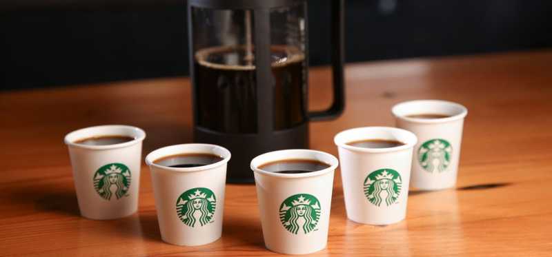 Cups of Starbucks coffee.