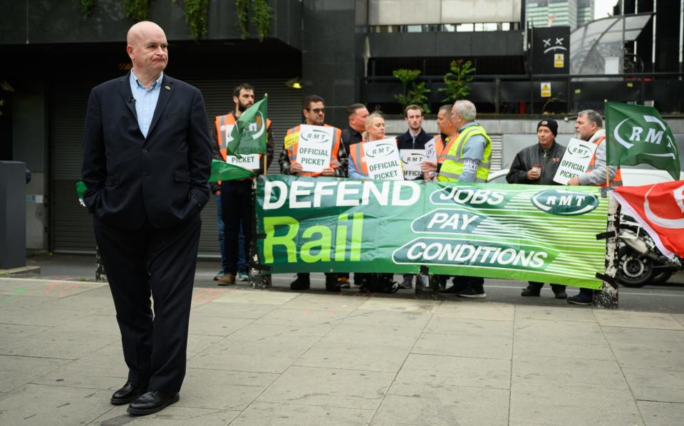 RMT secretary-general Mick Lynch at Euston Station's picket line today, where he said he believes rail strikes have been successful - Leon Neal/Getty Images