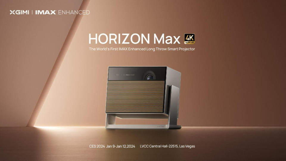 Xgimi Horizon Max projector on a bronze background with the subtitle: The world's fist IMAX Enhanced Long Throw Smart Projector