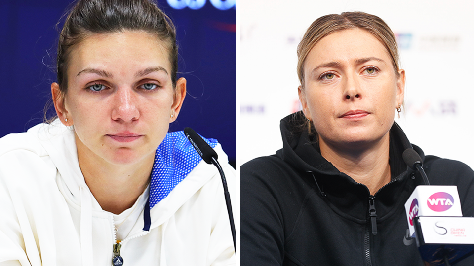 Simona Halep's (pictured left) speaking at the US Open and (pictured right) Maria Sharapova speaking before a match.