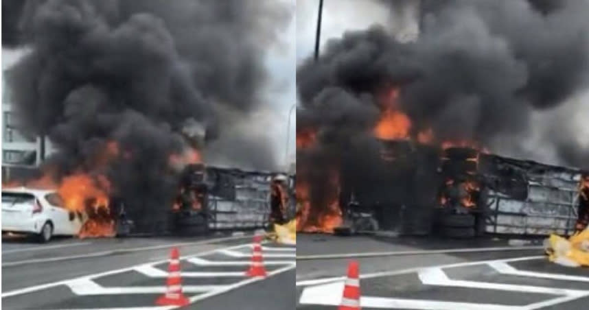 日本名古屋一輛巴士今日稍早於行經高速公路途中翻覆起火，造成9人受傷。（圖／翻攝自推特／@tokyoaccident）