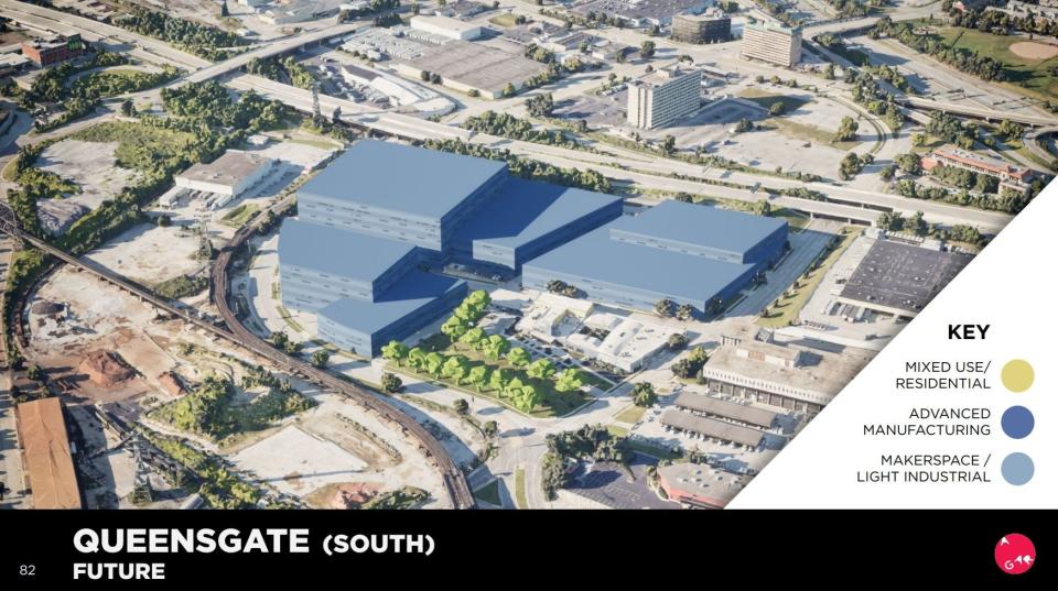 In a 2022 report for The Port of Greater Cincinnati Development Authority, community strategy firm AGAR envisioned an "industrial district rebirth" in Queensgate. The Quality Inn and Suites building can be seen in the upper right corner.