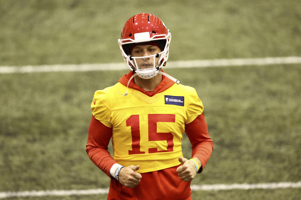 Kansas City Chiefs Quarterback Patrick Mahomes (15) during NFL football practice Thursday, Feb. 4, 2021, in Kansas City, Mo. The Chiefs will face the Tampa Bay Buccaneers in Super Bowl 55. (Steve Sanders/Kansas City Chiefs via AP)