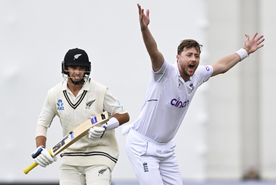 Ollie Robinson of England appeals unsuccessfully for a LBW on Tim Southee on the day three of the second cricket test between England and New Zealand at the Basin Reserve in Wellington, New Zealand, Sunday, Feb. 26, 2023. (Andrew Cornaga/Photosport via AP)