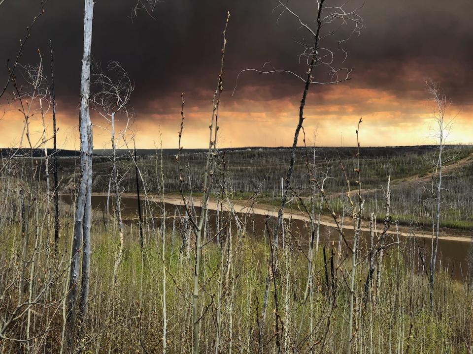 Thick black smoke can be seen on the south side of the Athabasca River in this photo taken from Fort McMurray's Thickwood trail.  An evacuation order was issued Tuesday by Regional Municipality of Wood Buffalo for four Fort McMurray neighbourhoods. 