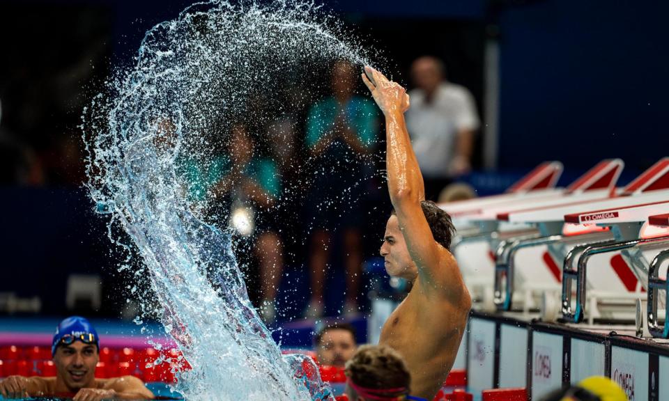 <span>Ugo Didier of France celebrates after winning gold in the S9 400m freestyle at the 2024 Paris Paralympic Games.</span><span>Photograph: Emilio Morenatti/AP</span>