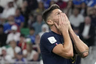 France's Olivier Giroud reacts during the World Cup round of 16 soccer match between France and Poland, at the Al Thumama Stadium in Doha, Qatar, Sunday, Dec. 4, 2022. (AP Photo/Ricardo Mazalan)