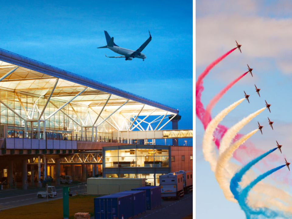Left: London Stansted Airport at twilight; Right: RAF's aerobatics display team, the Red Arrows, in formation flight at 2015's Scotlands National Airshow. (Photos: Getty)
