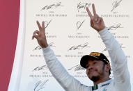 <p>Formula One F1 – Japanese Grand Prix 2017 – Suzuka Circuit, Japan – October 8, 2017. Mercedes’ Lewis Hamilton of Britain gestures as he celebrates winning the race. REUTERS/Toru Hanai</p>