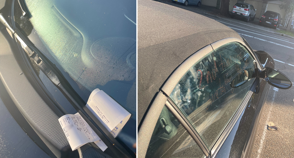 Left - a $129 fine under a windscreen wiper. Right - the message scrawled on the car window.
