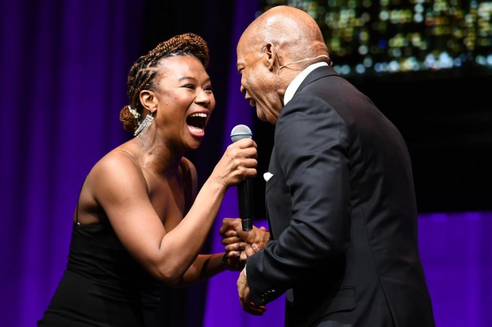 Adams and Broadway singer Christina Sajous perform on stage at the 101st anniversary of the Inner Circle dinner on April 20, 2024. Anthony Behar/Sipa USA