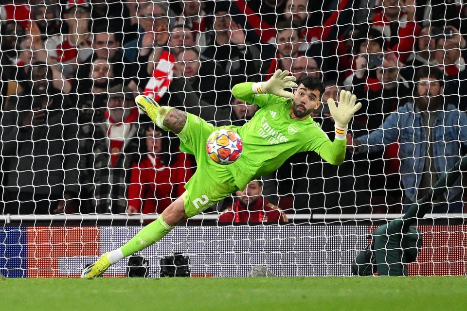 David Raya makes a crucial save to deny Galeno to secure Arsenal’s place in the next round (Getty)