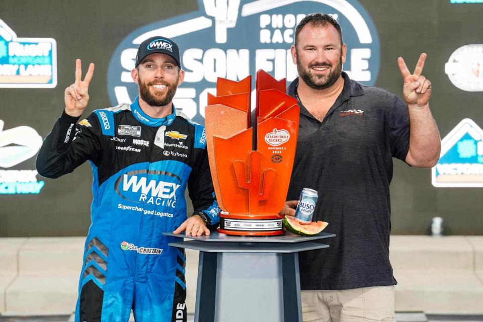 Dee-Mack resident Alex Timmerman (right) celebrates with friend and NASCAR Cup Series driver Ross Chastain after his second victory on the Cup Series in 2023.