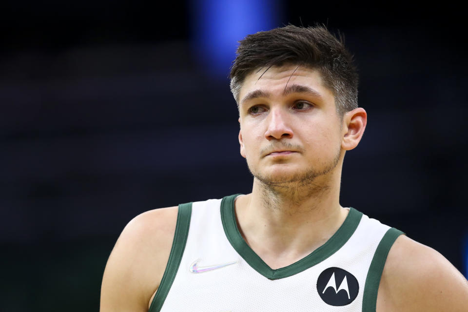 BOSTON, MA - DECEMBER 13:  Grayson Allen #7 of the Milwaukee Bucks looks on during a game against the Boston Celtics at TD Garden on December 13, 2021 in Boston, Massachusetts. NOTE TO USER: User expressly acknowledges and agrees that, by downloading and or using this photograph, User is consenting to the terms and conditions of the Getty Images License Agreement. (Photo by Adam Glanzman/Getty Images)