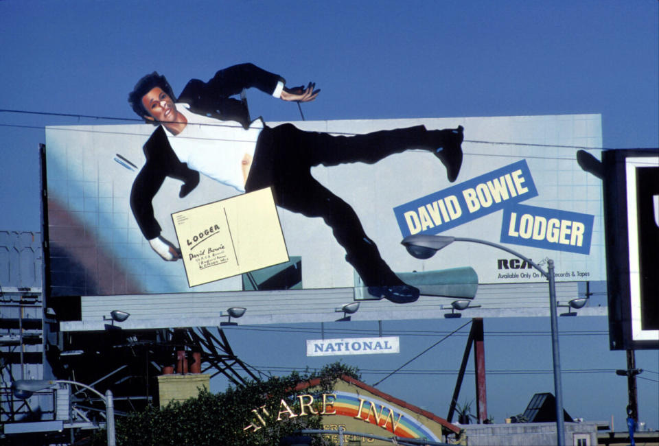 Post-ambient but still with Eno: a billboard for the final album of the Trilogy, <em>Lodg</em>e<em>r</em>, in Los Angeles, 1979. (Photo by Images/Getty Images)