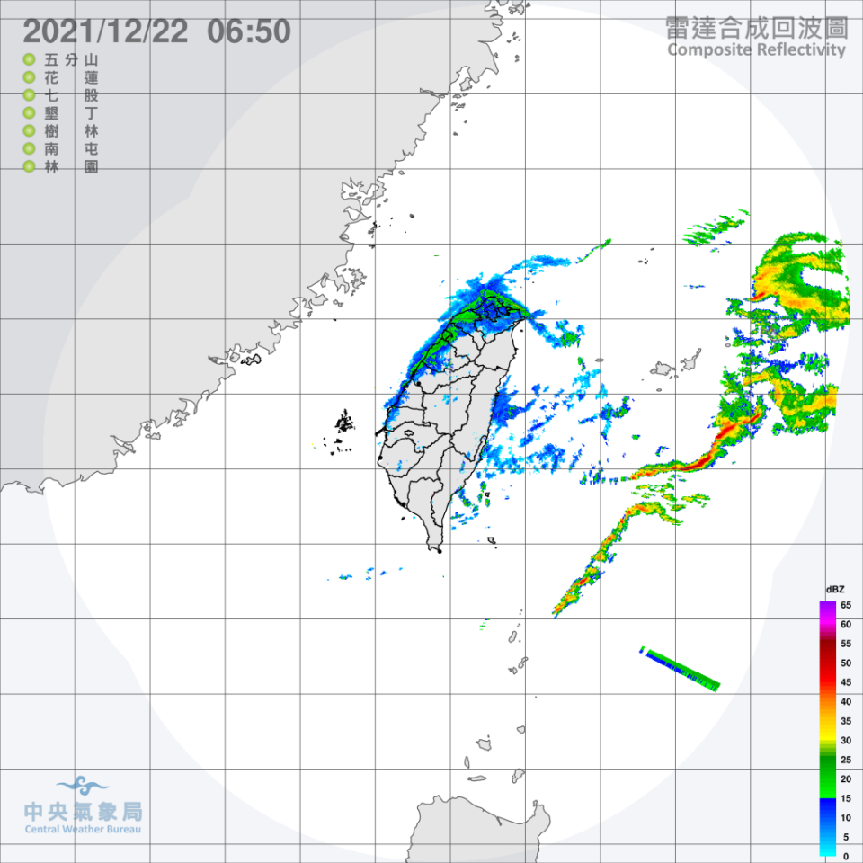 今天受南方雲系影響，北台灣有短暫雨，東部、東南部地區及中南部山區有局部短暫雨。（氣象局提供）
