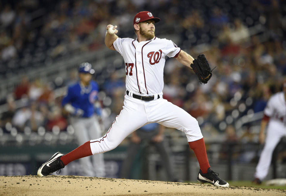 Washington Nationals starting pitcher Stephen Strasburg delivers during the third inning of a baseball game against the Chicago Cubs, Thursday, Sept. 6, 2018, in Washington. (AP Photo/Nick Wass)