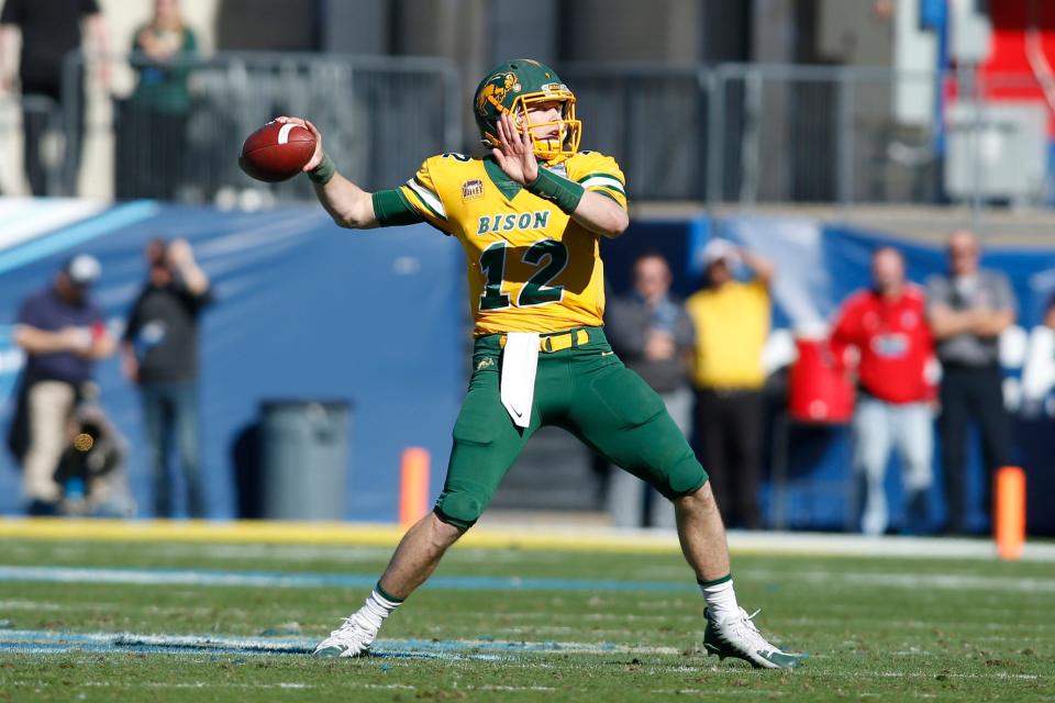 Jan 5, 2019; Frisco, TX, USA; North Dakota State Bison quarterback Easton Stick (12) throws a pass in the second quarter against the Eastern Washington Eagles in the Division I Football Championship at Toyota Stadium.