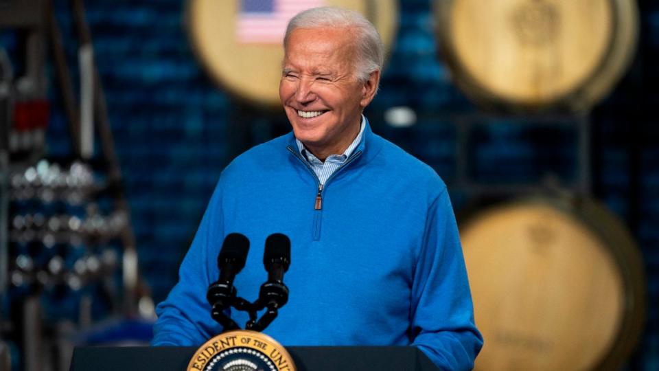 PHOTO: President Joe Biden speaks about funding for the I-535 Blatnik Bridge at Earth Rider Brewery on Jan. 25, 2024 in Superior, Wis. Biden touched on his economic agenda and recent federal funding for infrastructure projects.  (Stephen Maturen/Getty Images)