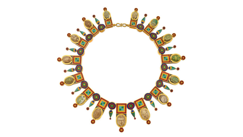 Castellani Micormosaic and Carved Scarab Necklace
