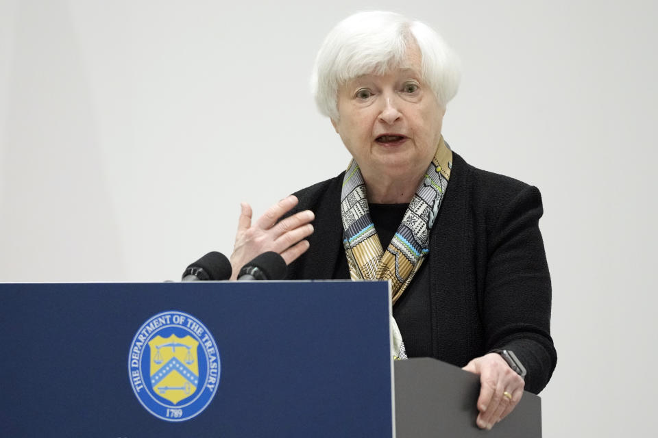 FILE - U.S. Treasury Secretary Janet Yellen takes questions from journalists during a press conference, at the G7 meeting of Finance Ministers and Central Bank Governors, at Toki Messe in Niigata, Japan, Thursday, May 11, 2023. (AP Photo/Shuji Kajiyama, Pool, File)