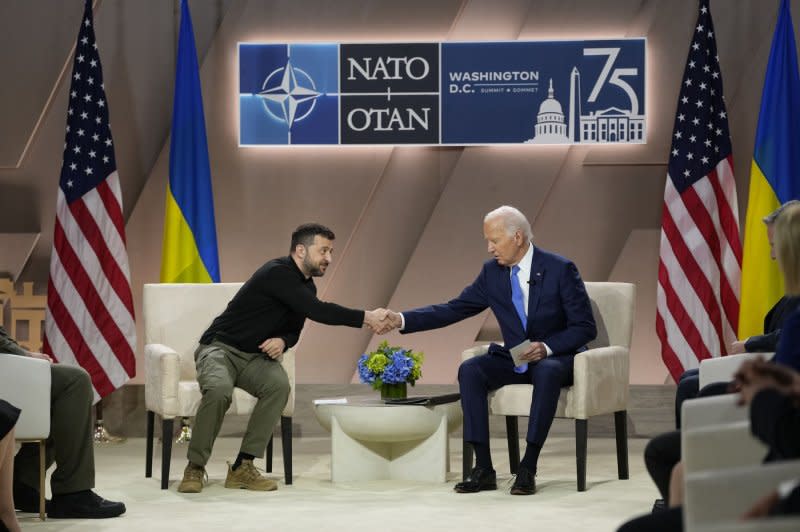Biden in a meeting with President Volodymyr Zelenskyy announced a $225 million security package to bolster Ukraine's air defense against continued Russian missile strikes. Photo by Chris Kleponis/UPI