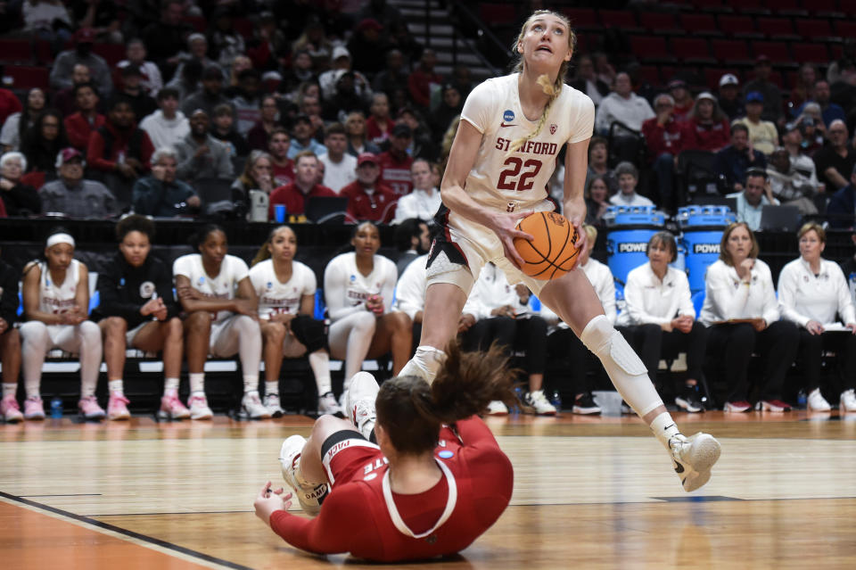 Stanford forward Cameron Brink (22) looks to shoot during the second half of a Sweet 16 college basketball game against North Carolina State in the NCAA Tournament, Friday, March 29, 2024, in Portland, Ore. North Carolina State won 77-67. (AP Photo/Steve Dykes)