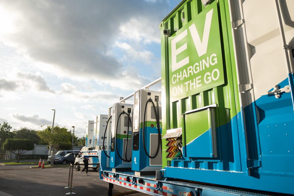 Florida Power & Light's new mobile electric vehicle charging station, which can charge up to six electric vehicles during a power outage, is parked on Thursday, April 20, 2023 at Florida Power & Light in Riviera Beach, Fla. Ahead of the start of the 2023 hurricane season, FPL officials held the utility's annual storm drill, as well as displayed storm response technologies at its Riviera Beach location.