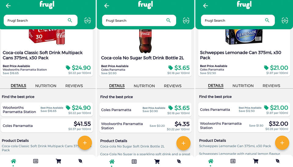 Frugal app screens showing price comparisons between soft drink products