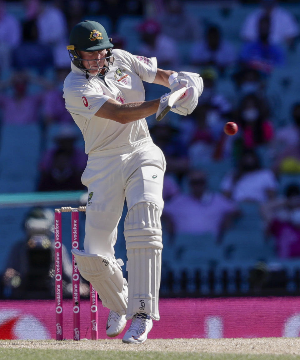 Australia's Marnus Labuschagne bats during play on day three of the third cricket test between India and Australia at the Sydney Cricket Ground, Sydney, Australia, Saturday, Jan. 9, 2021. (AP Photo/Rick Rycroft)