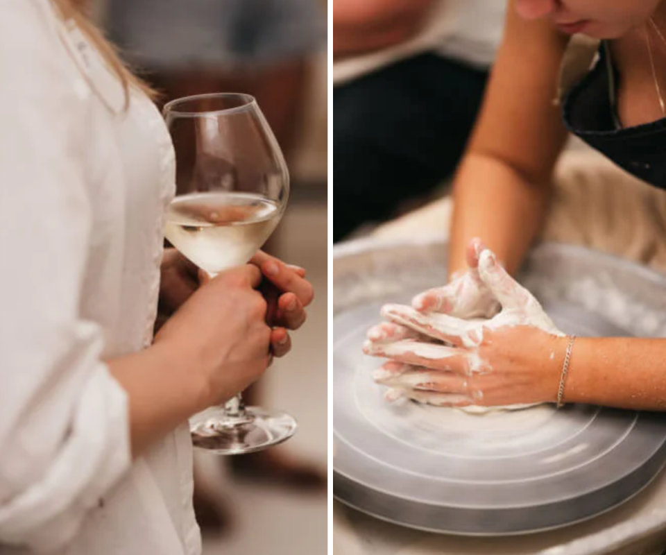 On the left a woman in a white shirt holds a glass of white wine while on the right is an image of a woman's hands moulding white clay in a pottery class.