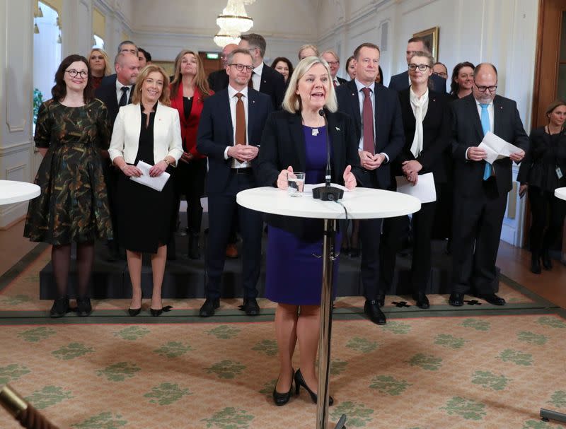 Sweden's Prime Minister Magdalena Andersson presents her team of new ministers