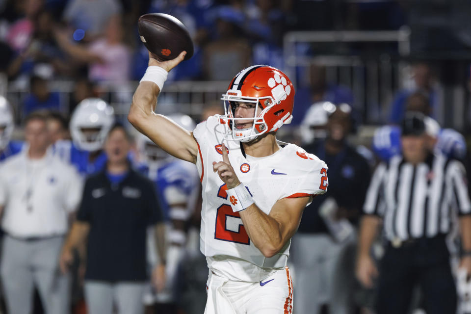 Clemson's Cade Klubnik looks to pass the ball during the first half of an NCAA college football game against Duke in Durham, N.C., Monday, Sept. 4, 2023. (AP Photo/Ben McKeown)