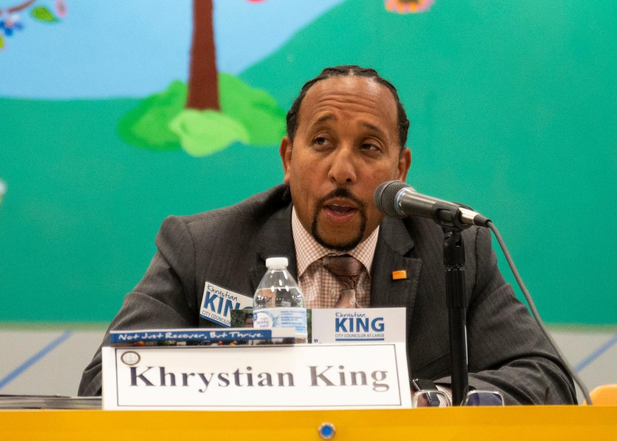 In a file photo, Khrystian King speaks during the NAACP At-Large City Council candidate forum at the Boys and Girls Club.