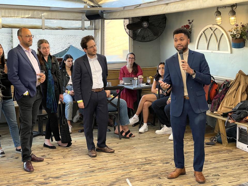 Frost speaks at the fundraiser as Guarding Against Pandemics Director Gabe Bankman-Fried and Progressive Change Campaign Committee founders Stephanie Taylor and Adam Green look on in Washington, DC on May 10, 2022.