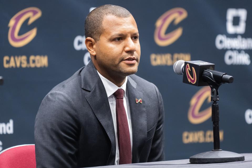 Cavaliers general manager Koby Altman talks during media day, Oct. 2, 2023, in Cleveland.