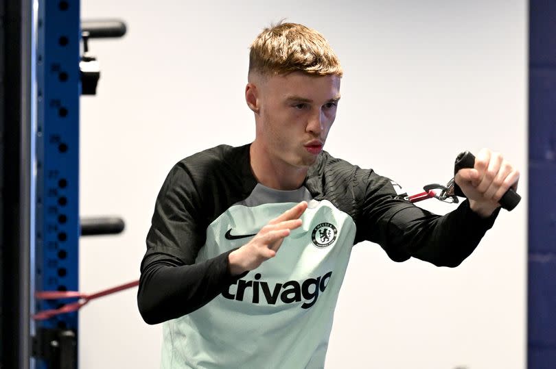 Cole Palmer of Chelsea during a gym warm up session at Chelsea Training Ground on April 19, 2024